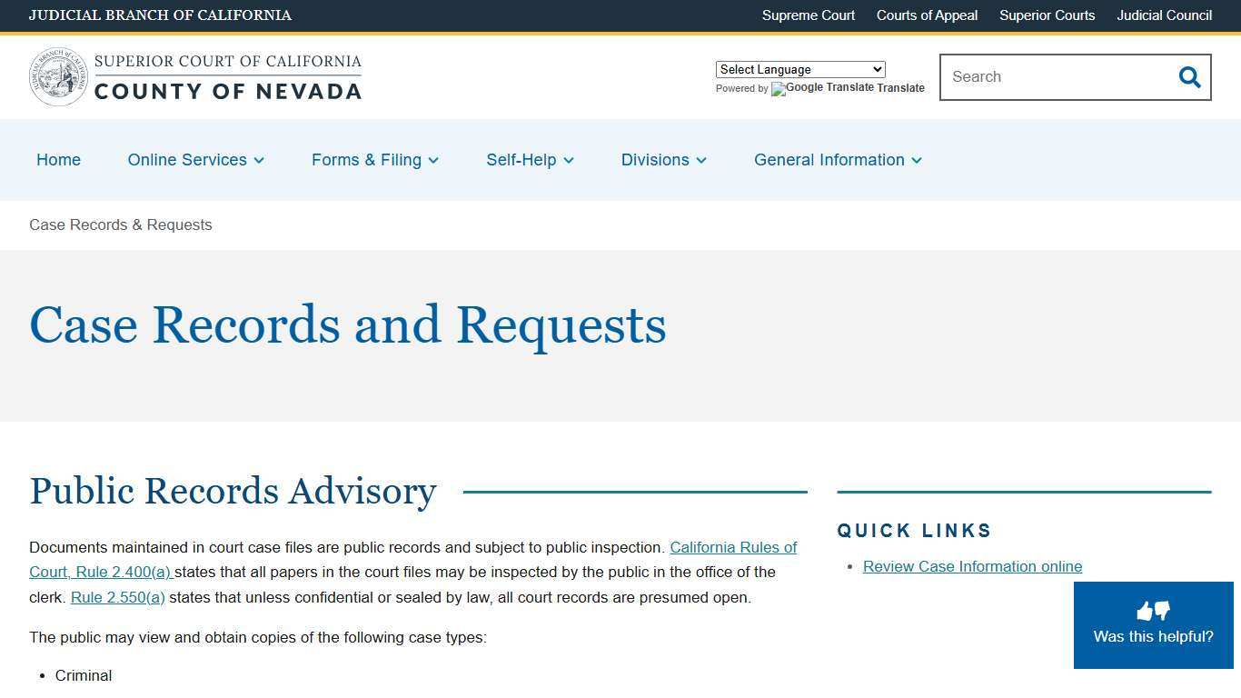 Case Records & Requests Superior Court of California County of Nevada